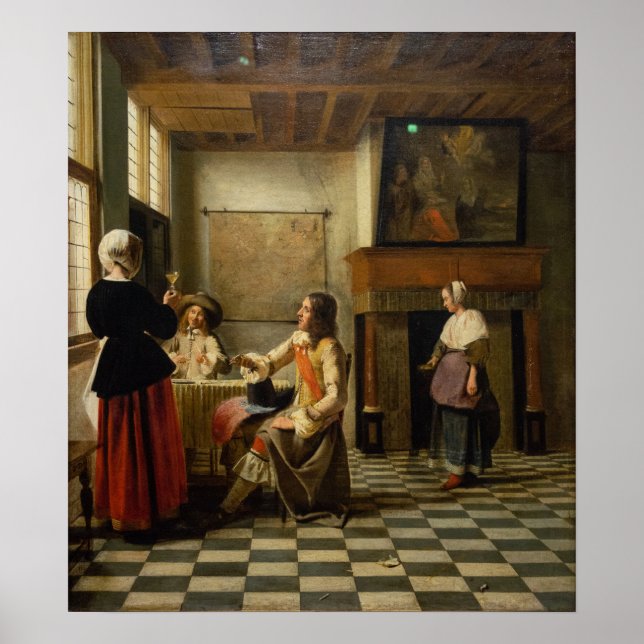 Poster De Hooch - Une Femme Qui Boit Avec Deux Hommes 165 (Devant)