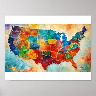 Poster de la carte d'aquarelle USA