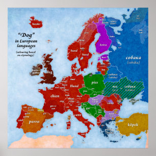 Poster de la carte de Chien en langues européennes