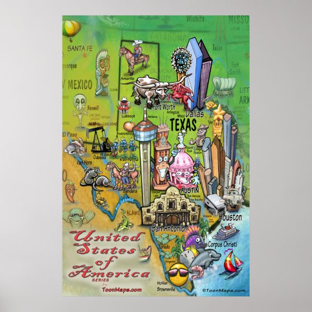 Poster de la carte de dessin du Texas (Devant)