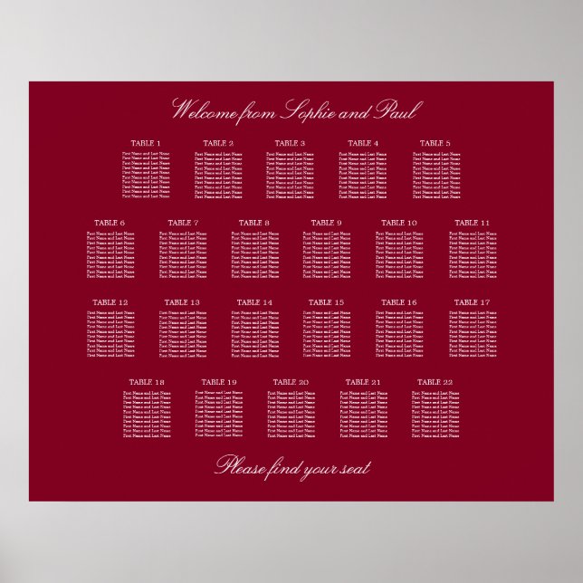 Poster de la carte de Mariage de table Burgundy 22 (Devant)