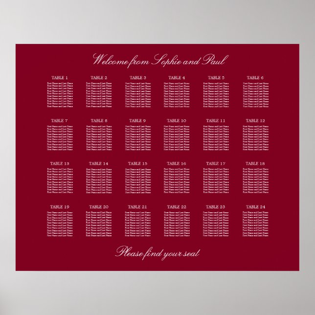 Poster de la carte de Mariage de table Burgundy 24 (Devant)