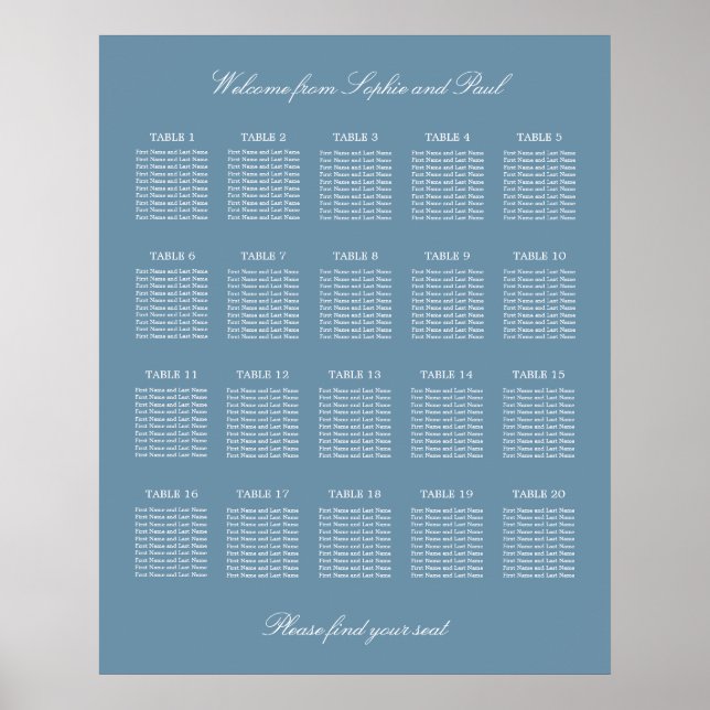 Poster de la carte de Mariage de table Dusty Blue  (Devant)