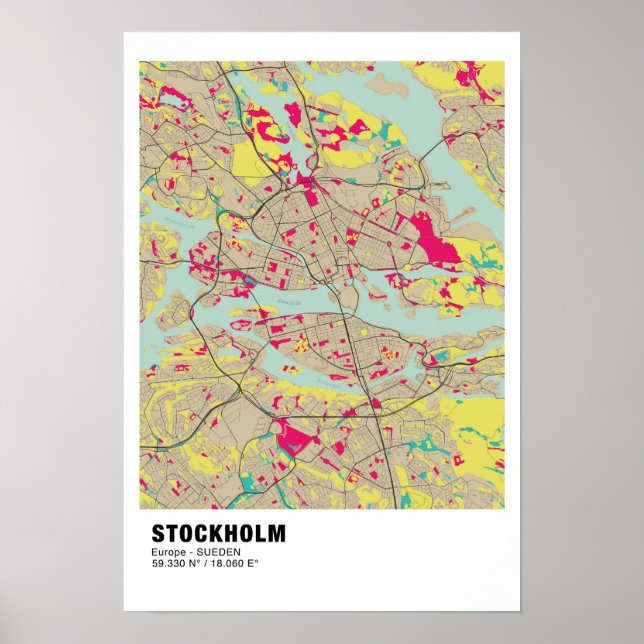 Poster de la carte de Stockholm - Suède Carte colo (Devant)