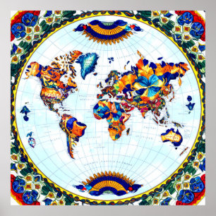 Poster de la carte du monde de Majolica