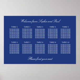 Poster de la carte Mariage de 10 tables en bleu fo