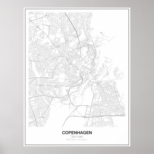 Poster de la carte minimaliste de Copenhague, Dane (Devant)