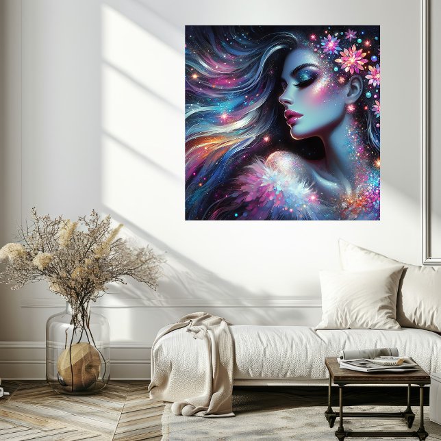 Poster de la femme de la paix intérieure avec des  (Inner Peace Woman Face Poster with Vibrant Colors Mockup 1)