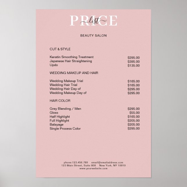 Poster de la liste de prix Simpel Pimk Blush (Devant)
