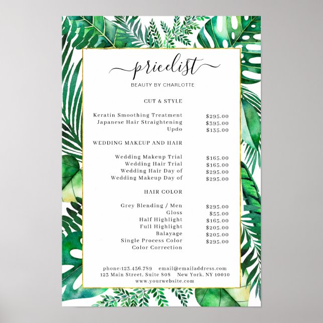 Poster de la liste des prix du salon tropical (Devant)