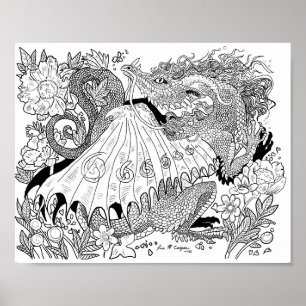 Poster de la page de coloriage du dragon floral