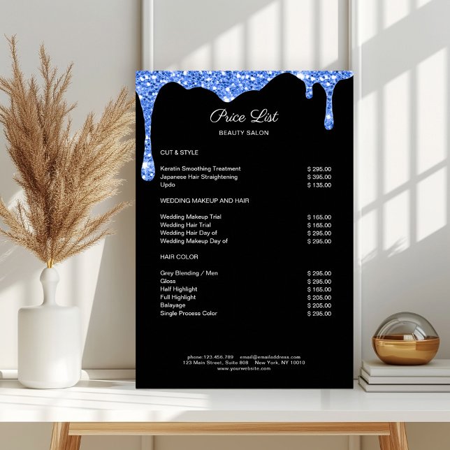 Poster de la Parties scintillant moderne en bleu n (Modern Blue Black Glitter Pricelist Poster)