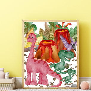 Poster de la pépinière de dinosaures rouge mignonn