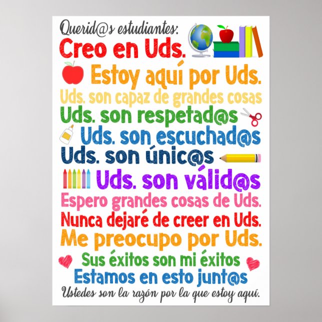 Poster de la salle de classe espagnole Chers étudi (Devant)