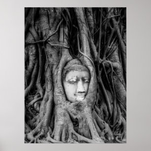 Poster de la tête de bouddha Thaïlande noir et bla