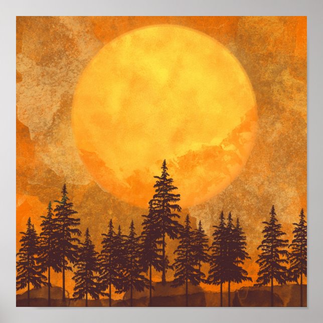 Poster de l'aquarelle de la forêt Pleine lune (Devant)