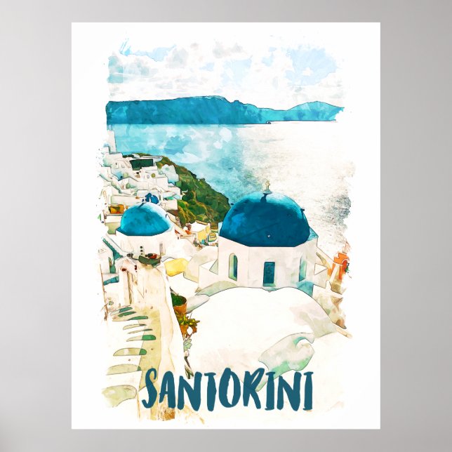 Poster de l'aquarelle de voyage de Santorini Grèce (Devant)