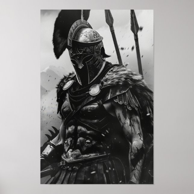 Poster de l'armure en noir et blanc Spartan Warrio (Devant)
