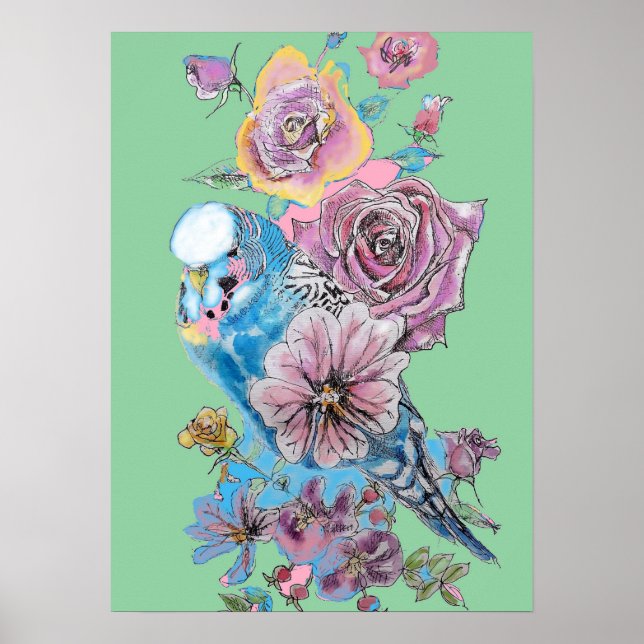 Poster de l'art de l'aquarelle bleue Budgie Rouge  (Devant)