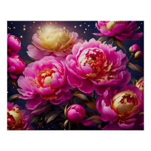 Poster De magnifiques pivoines roses aux accents dorés