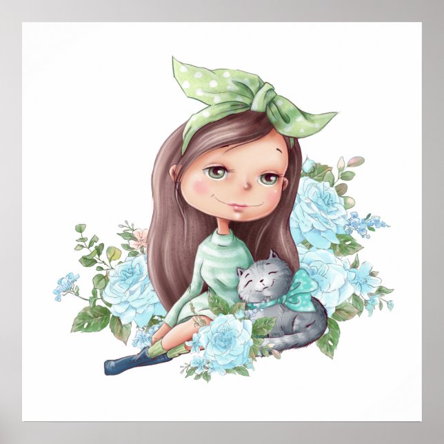 Poster de mignonne fille avec fleurs de chats gris (Devant)