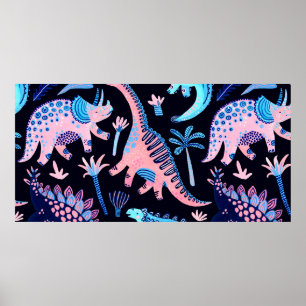 Poster De mignons dinosaures caricaturaux motif sans cout