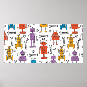 Poster De mignons robots à doodle. Motif sans couture. Ch