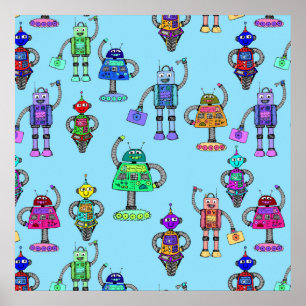 Poster De mignons robots colorés sur arrière - plan bleu