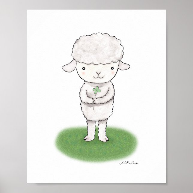 Poster de mouton d'agneau mignon Lucky Shamrock Nu (Devant)