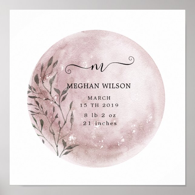 poster de naissance de bébé rose vif de lune mysti (Devant)