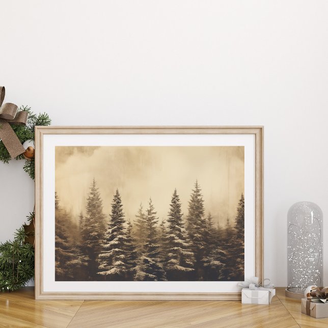 Poster de Noël de la Forêt de Pins de Chien vintag (Vintage Foggy Pine Tree Forest Christmas Poster with Christmas ornament.)