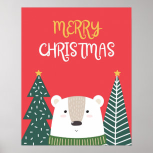 Poster de Noël, Mignonne Art Mur de Noël, Ours Pol