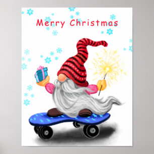 Poster de Noël Patinage cadeau Gnome avec cadeaux