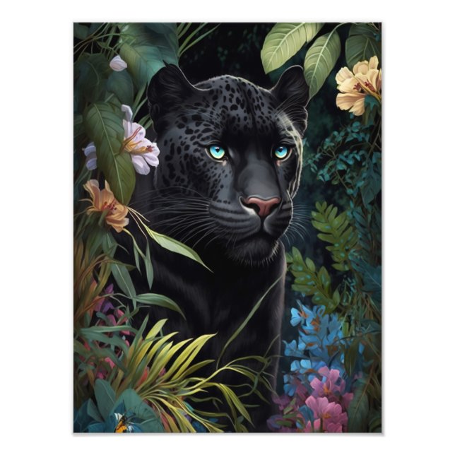 Poster de pantera negra en la selva con flores (Devant)
