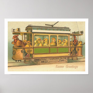 Poster de Pâques de poulets sur un chariot
