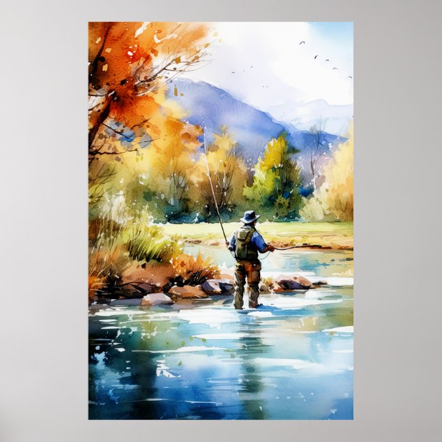 Poster de pêche à la mouche Aquarelle - Pêche Wall (Devant)