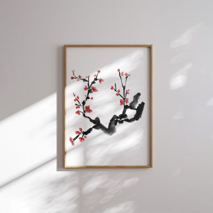Poster de peinture à l'encre de fleur de prun coré