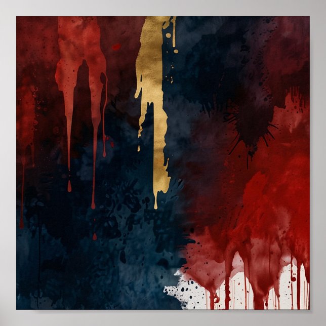 Poster de peinture à l'huile rouge, or et bleu en  (Devant)