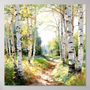 Poster de peinture de forêt de bouleau