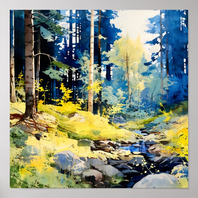 Poster de peinture de la forêt jaune bleu (Devant)