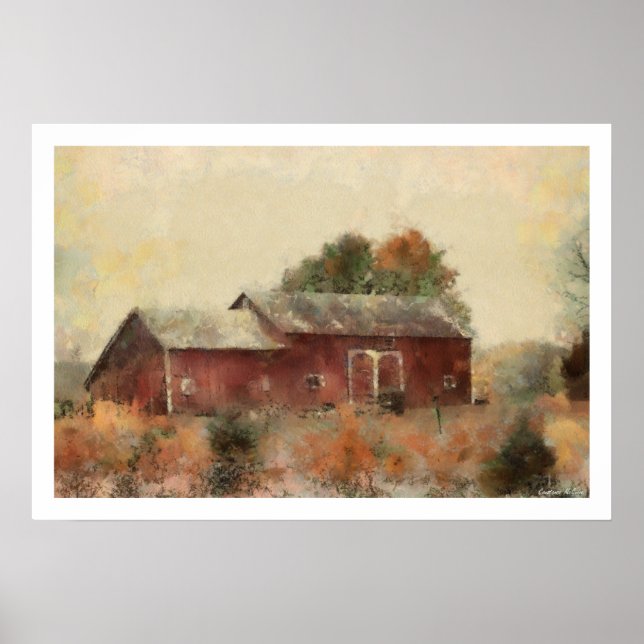 Poster de peinture de l'ancienne grange rouge (Devant)