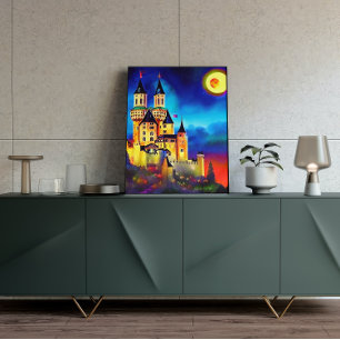 Poster de peinture du château dans le ciel nocturn