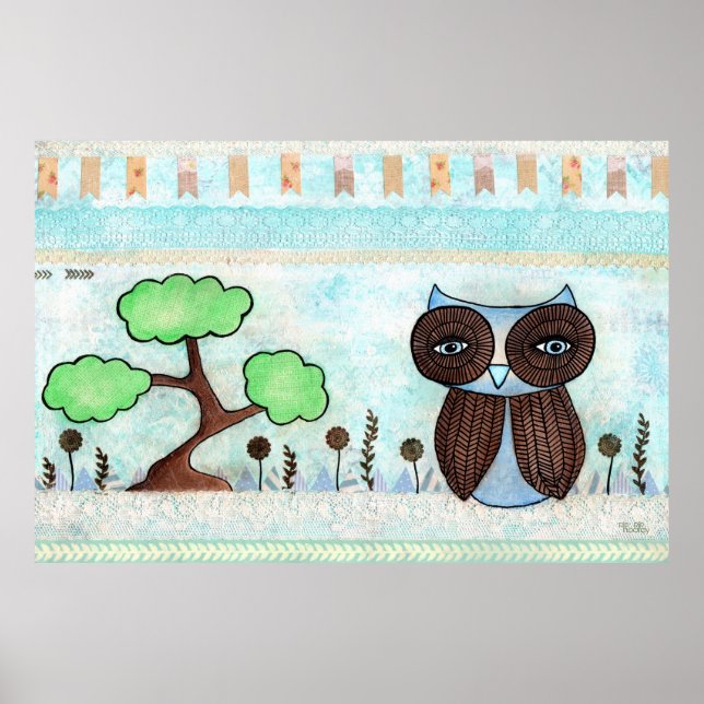 Poster de peinture mixte de la Chouette bleue et d (Devant)