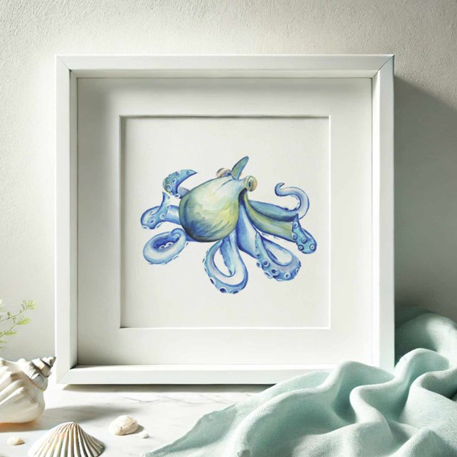 Poster de pieuvre bleu aquarelle (Watercolor paintings beach art blue octopus by Victoria Grigaliunas of Do Tell A Belle)