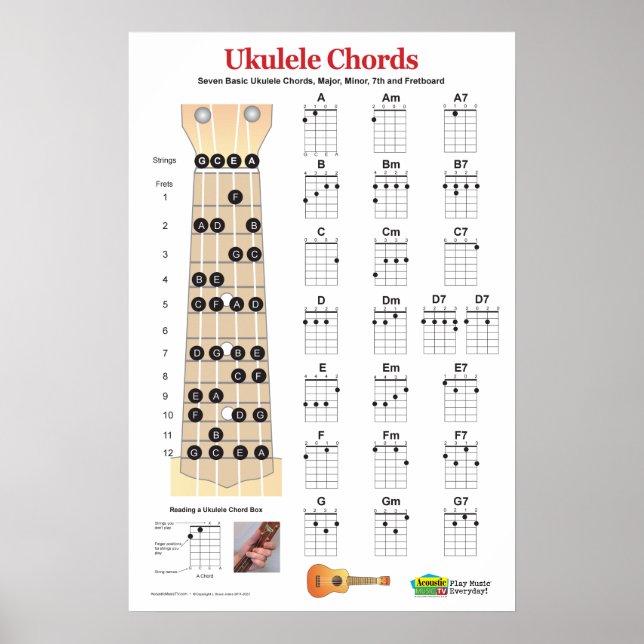 Poster de pratique Ukulele Chord Chart et Fretboar (Devant)