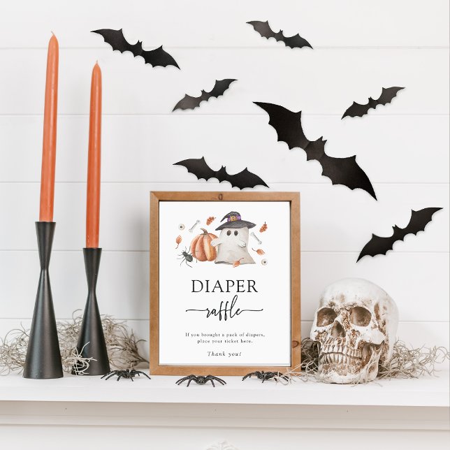 Poster de raffe Halloween Diaper (Halloween Diaper Raffle Game Sign A Little Boo Is Almost Due Ghost Pumpkin Baby Shower)