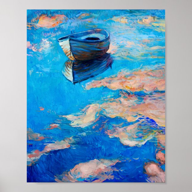 Poster de réflexion de bateau impressionniste bleu (Devant)