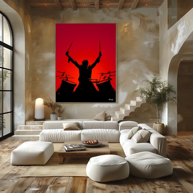 Poster de tambour de rock - Silhouette noire sur r (Créateur téléchargé)