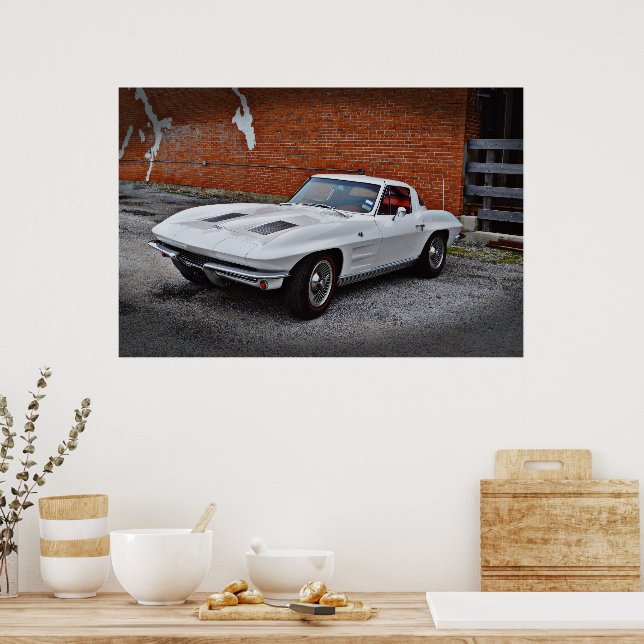 Poster de voiture Corvette blanche ancienne et cla (Cuisine)