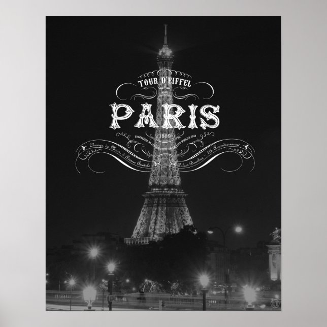 Poster de voyage Paris noir et blanc Tour Eiffel (Devant)